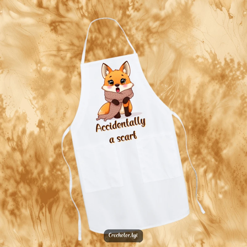 Funny surprised fox crochet apron entangled in a giant scarf, a humorous kitchen accessory.