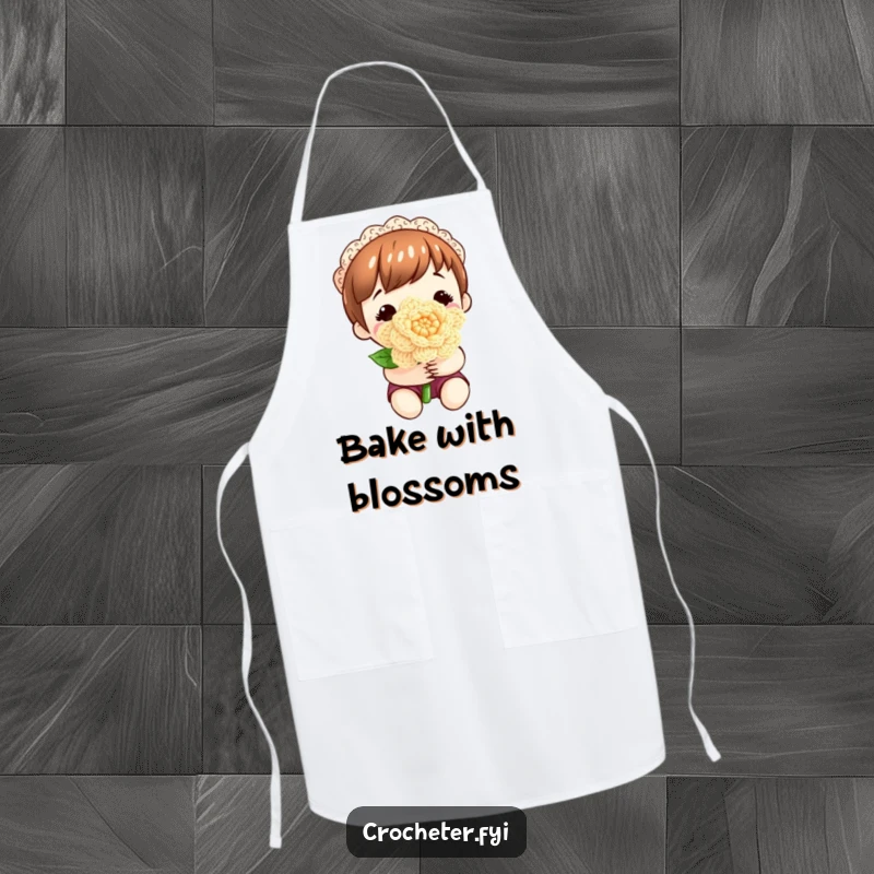 Funny apron with a content character proudly holding a perfectly formed crocheted flower, ideal for crafting.