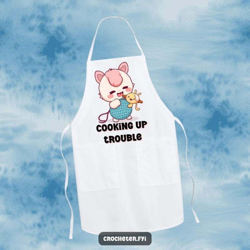 Funny Apron: A mischievous character playfully tickles a friend with a crochet hook, adding humor to kitchen tasks.