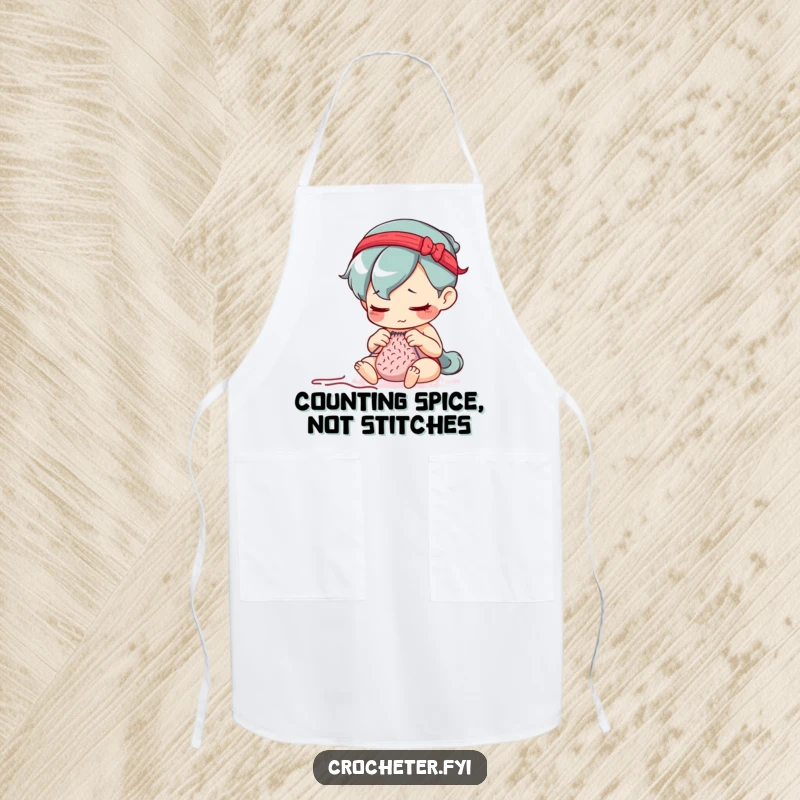 Funny apron showcasing a determined character meticulously counting stitches with a focused gaze, ideal for precise crafting.