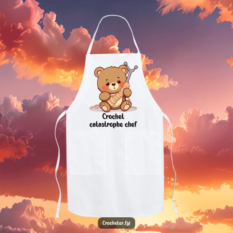 Funny apron with a clumsy bear comically tangled in a giant crochet hook, perfect for bakers and crafters.