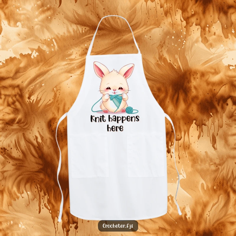Funny bunny apron showing a fluffy rabbit enthusiastically knitting a single, very long thread, ideal for kitchen or craft use.