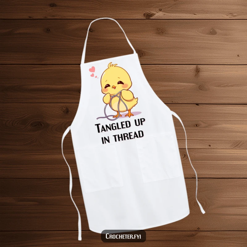 Funny chick apron, looking determined while unraveling a huge tangle of yarn, protecting the wearer from messes.