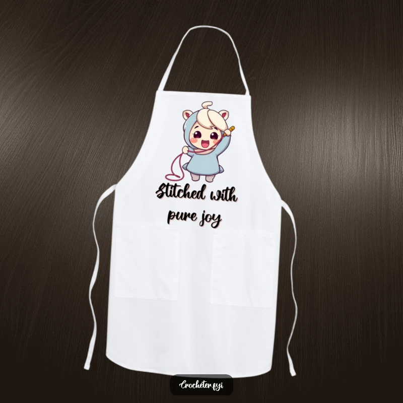 Funny Crochet Apron: Cheerful character energetically pulls a long thread from a crochet hook, ideal for crafting or cooking.