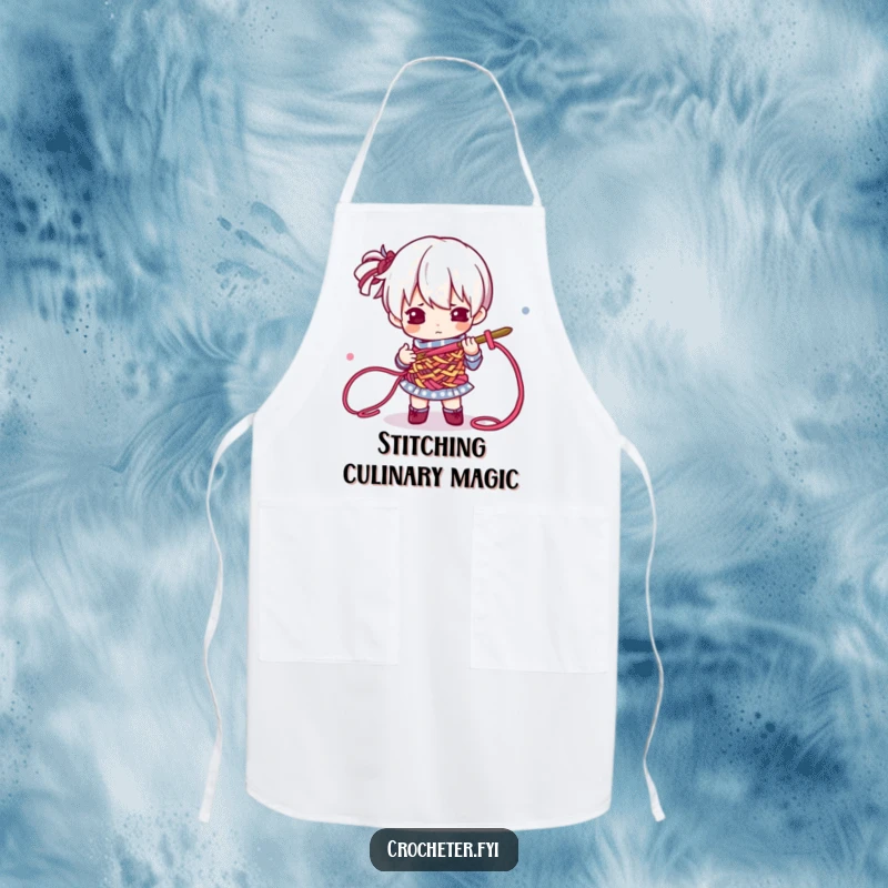 Funny Apron featuring a determined character actively crocheting colorful threads, ready for any crafting or kitchen adventure, a humorous statement.