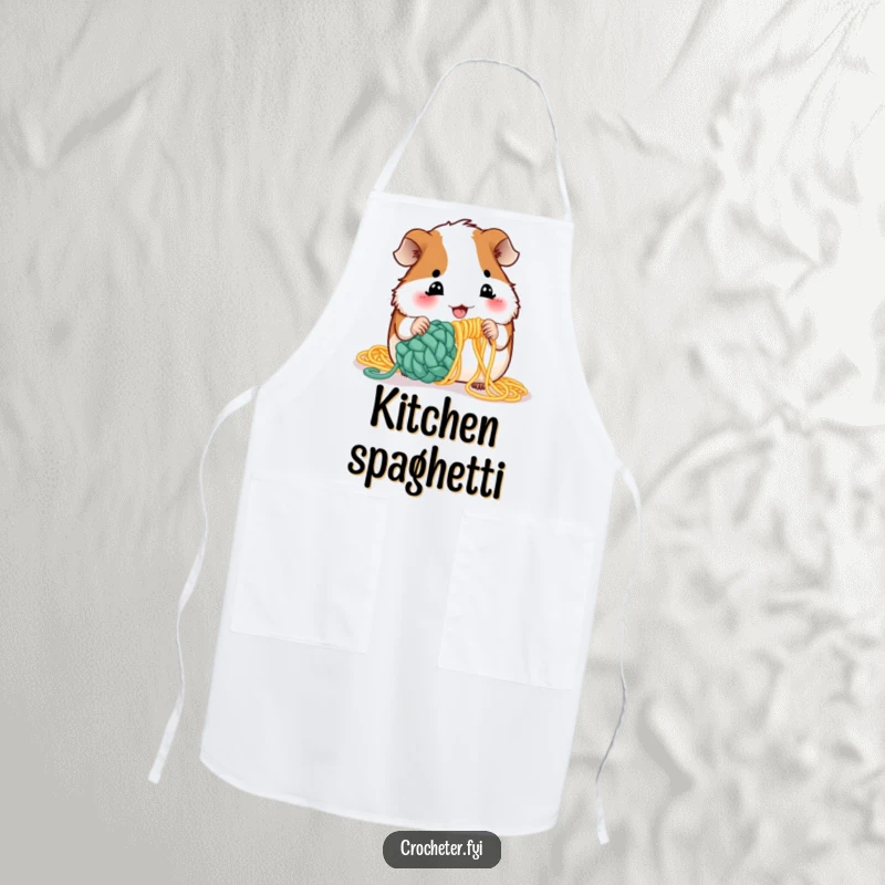 Funny guinea pig crochet apron showing a playful rodent attempting to crochet using uncooked spaghetti, ideal for kitchen use.