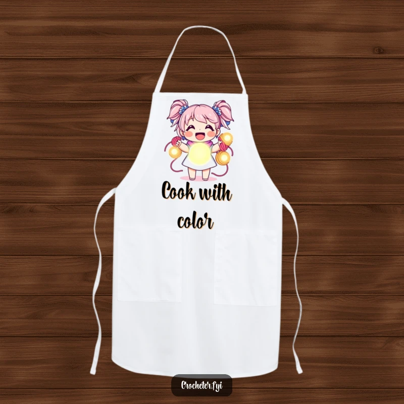 Funny apron, joyful character holding vibrant yarn skeins like glowing orbs, humorous and practical.