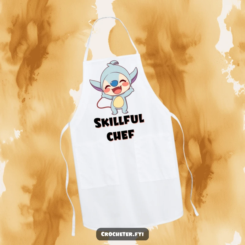 Funny apron with a lively character excitedly demonstrating a complex stitch technique, perfect for learning.
