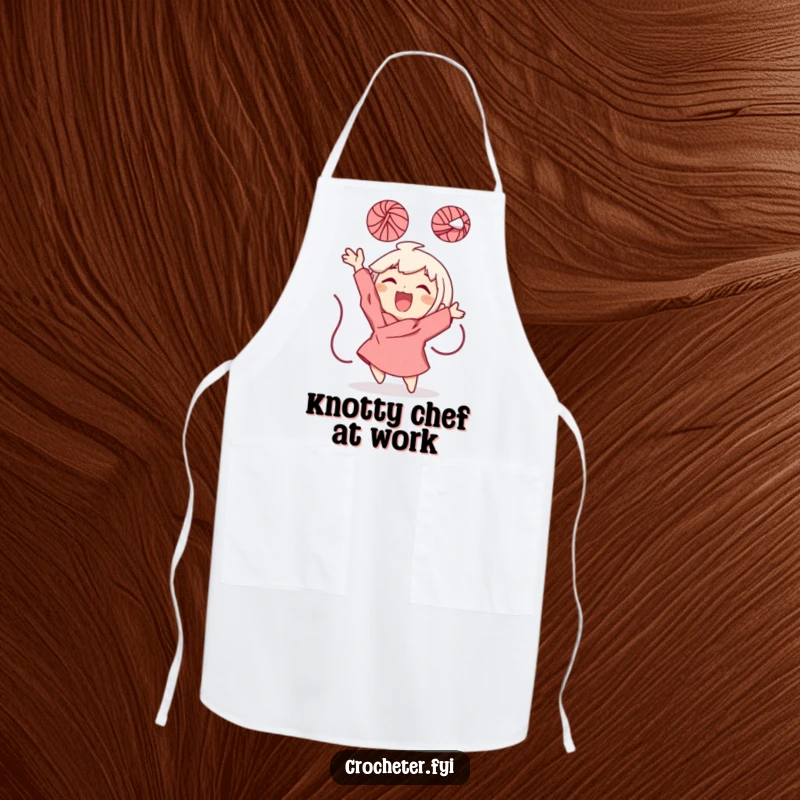 Funny Apron adorned with a character gleefully throwing a ball of yarn, perfect for humorous kitchen activities and spreadable fun.