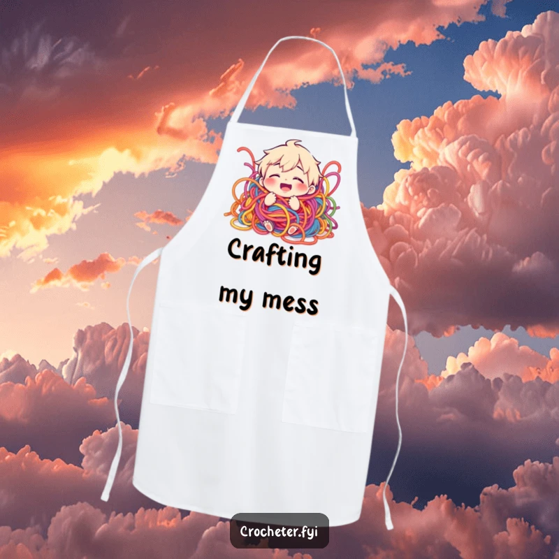 Funny apron featuring a giggling character playfully caught in a colorful, messy tangle of knitting yarn.