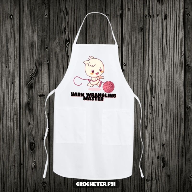 Funny apron showcasing a character playfully chasing a ball of yarn, bringing fun and whimsical style to the kitchen while cooking.