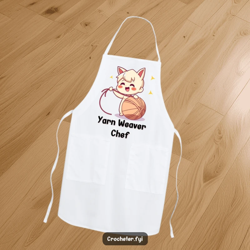 Funny apron showing a cheerful character enthusiastically pulling a long strand of yarn from a ball, perfect for crafters.