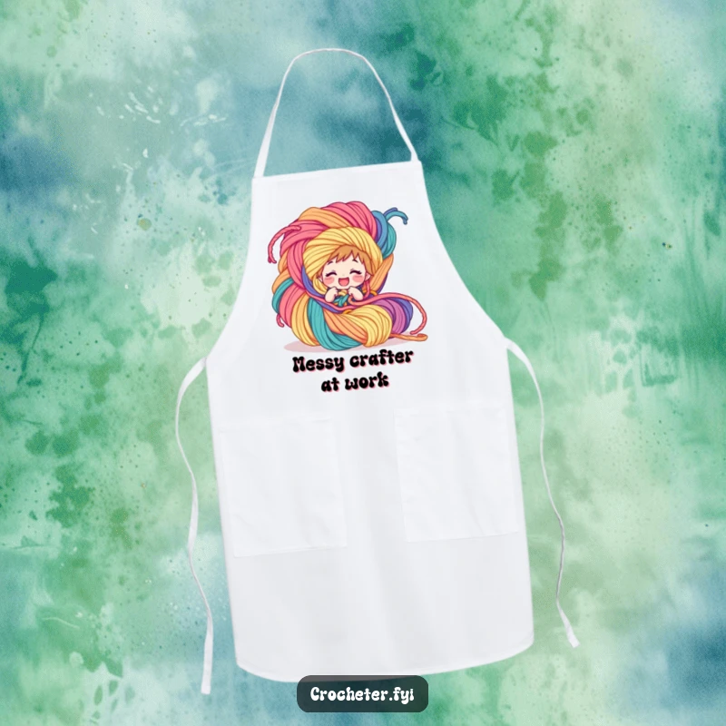 Funny Apron: A giggling character comically tangled in a huge ball of colorful yarn, making kitchen or craft time fun.