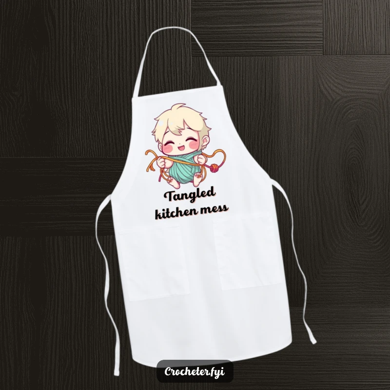 Funny Apron featuring a grinning character playfully tangled in yarn strands, ready for crafting or kitchen adventures with a humorous twist.