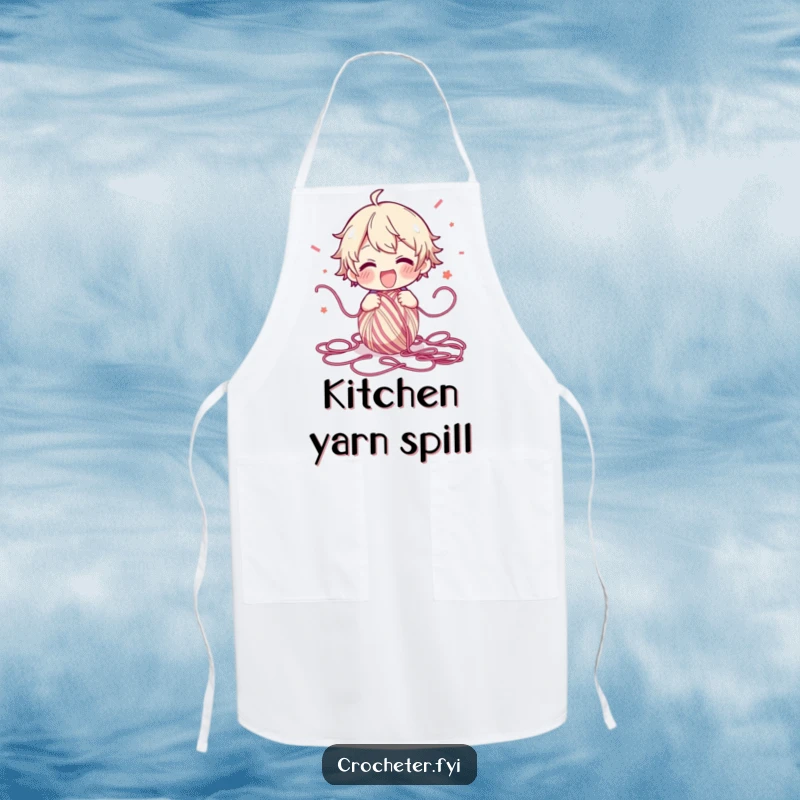 Funny Apron featuring a character with eyes wide with excitement, unraveling yarn and letting it fly, ready for crafting or kitchen adventures.