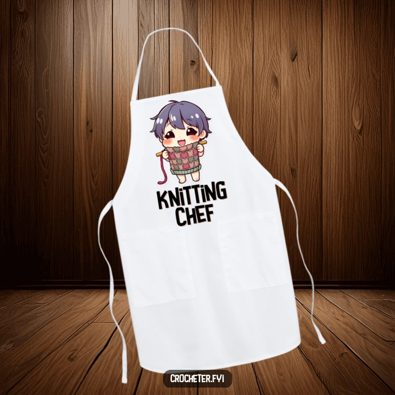 Funny apron showing a happy character proudly displaying a colorful, half-finished knitted item, perfect for proud crafters.
