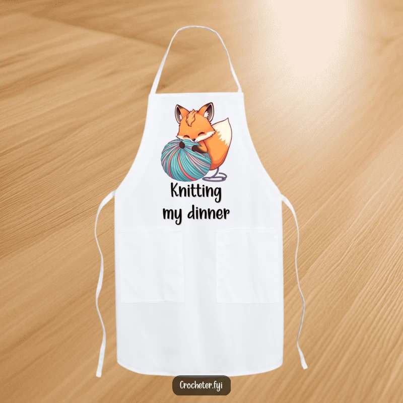 Funny apron depicting a lively fox unravelling a giant ball of yarn, ideal for protecting clothes during creative endeavors.