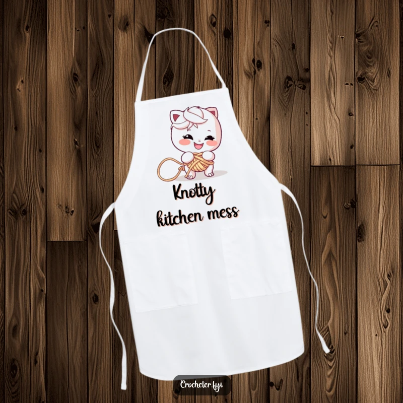 Funny apron featuring a mischievous character, grinning as they get tangled in a massive, colorful knot of yarn, perfect for messy crafts.