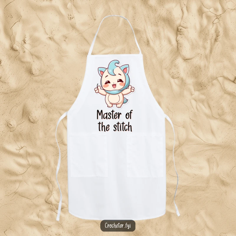 Funny apron with a happy character proudly showing off a perfect knitting stitch, adding humor to kitchen or craft tasks.