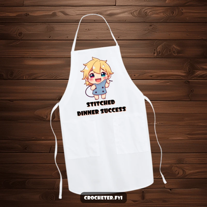 Funny apron showcasing a happy character beaming with pride while presenting a perfectly formed stitch, ideal for messy crafts.
