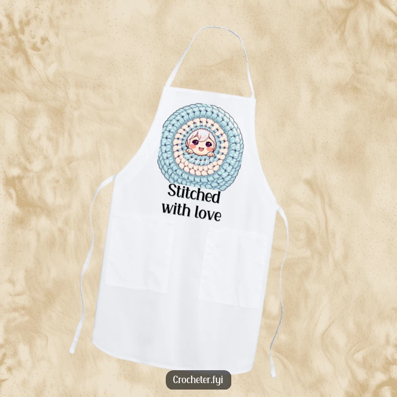 Funny apron showing a cheerful character peeking from behind a colossal crochet project, ideal for crafters.