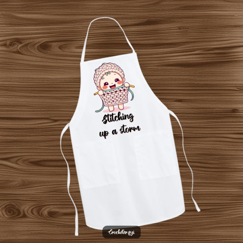 Funny Crochet Apron: A happy character enthusiastically demonstrates a complex crochet stitch, ideal for crafting or kitchen use.
