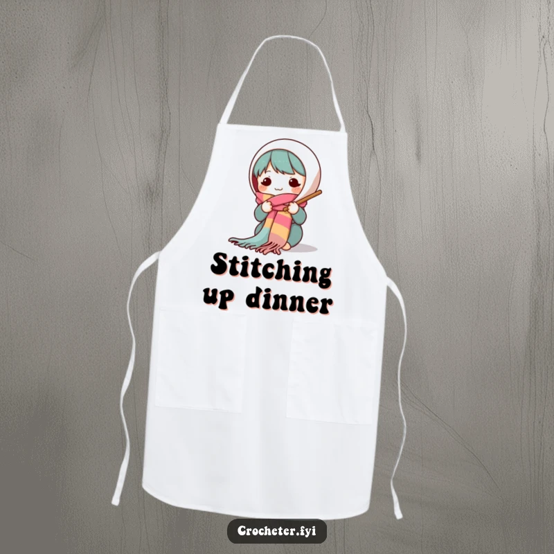 Funny apron featuring a cheerful character diligently knitting a long, vibrant scarf with large needles, perfect for messy craft projects.