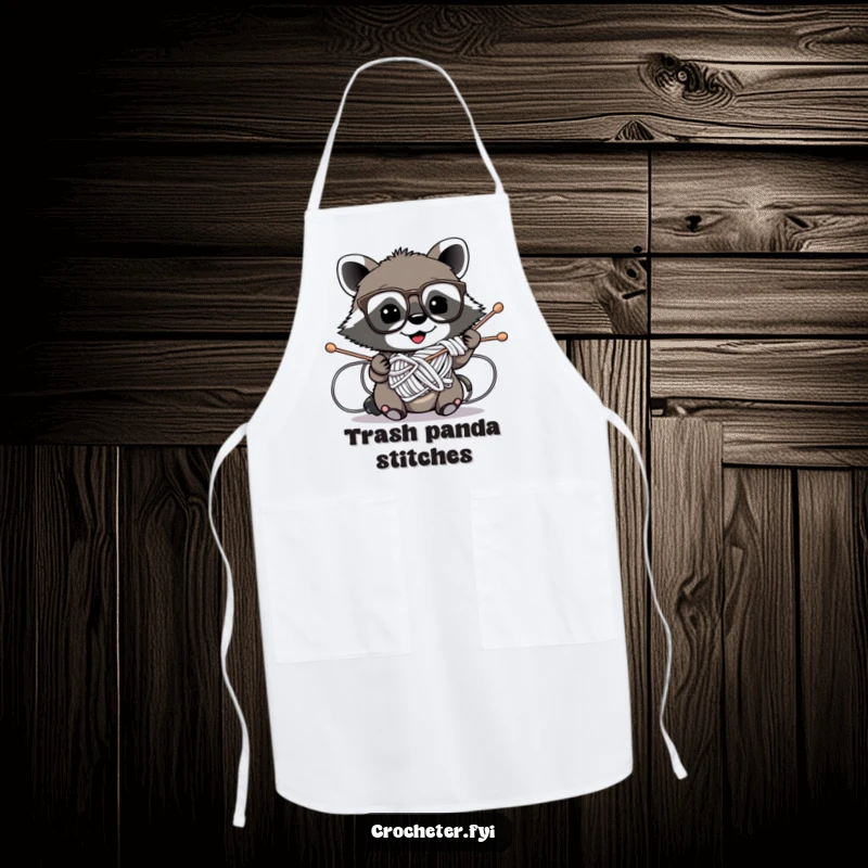 Funny apron with a mischievous raccoon wearing glasses hilariously tangled in knitting needles, perfect for bakers and crafters.