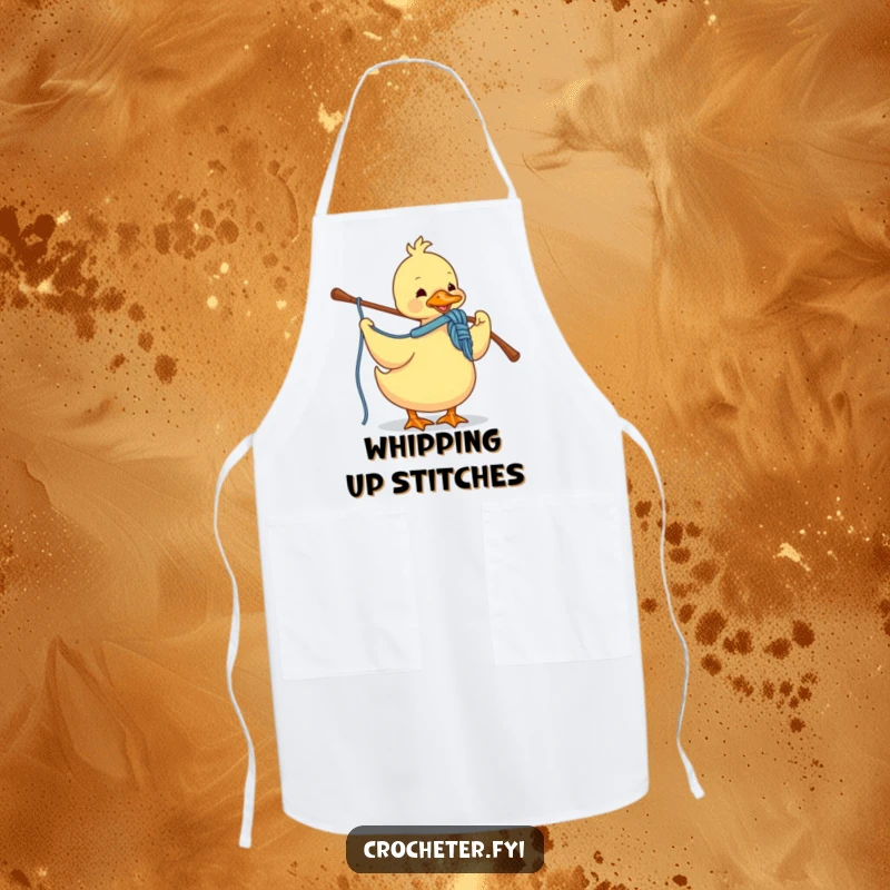 Funny apron showcasing a happy duck crocheting with yarn and a hook, perfect for keeping clean while crafting.