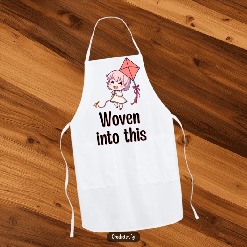 Funny apron showing a delighted character flying a yarn strand like a kite, perfect for creative cooks.