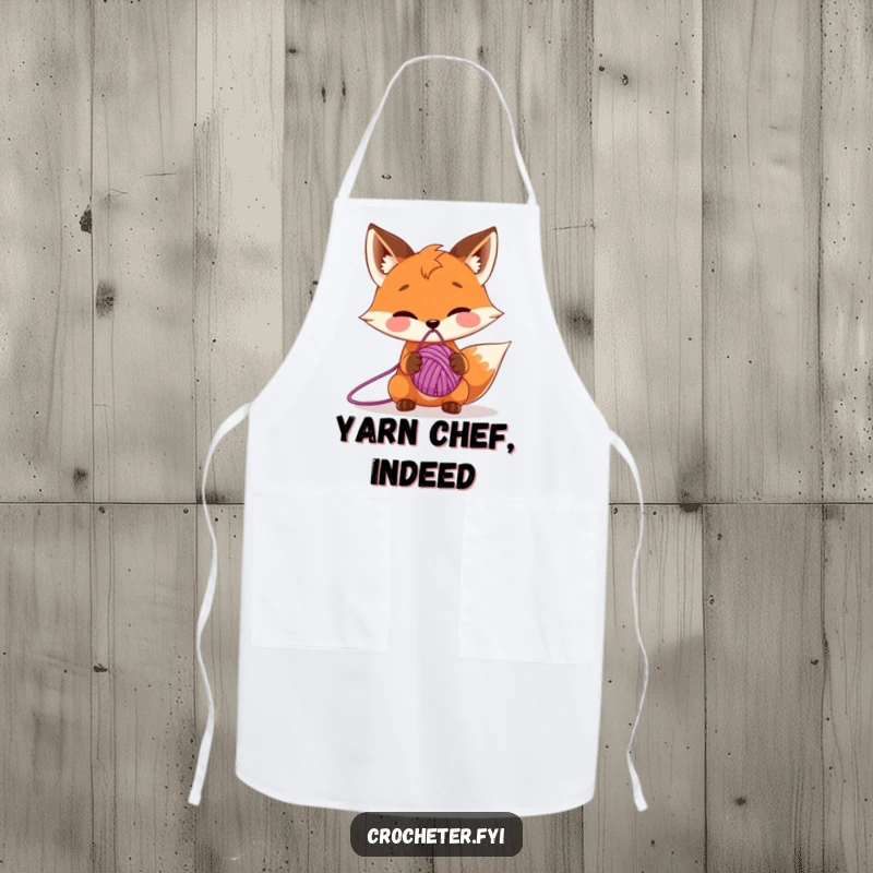 Funny apron illustrating a mischievous fox character balancing a ball of yarn on its nose, a playful kitchen accessory.