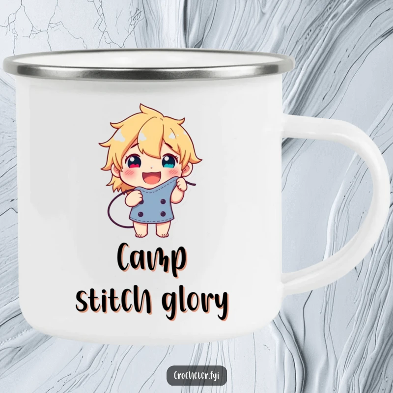 Funny camping mug featuring a happy character proudly displaying a perfectly formed stitch, designed for celebratory outdoor crafting.