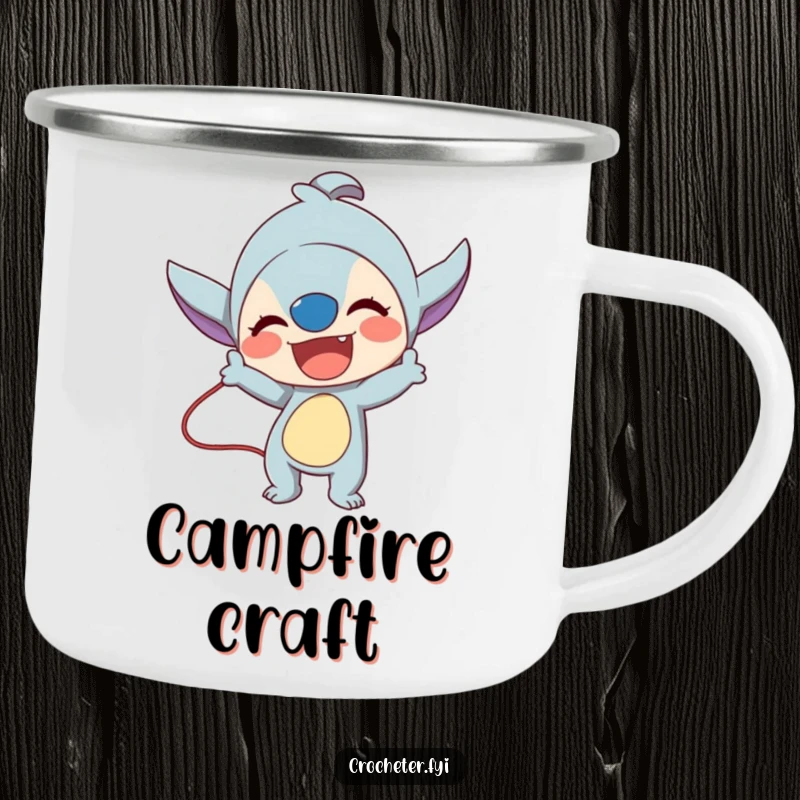 Funny camping mug with an excited character demonstrating a complex stitch technique, perfect for crafters on the go.