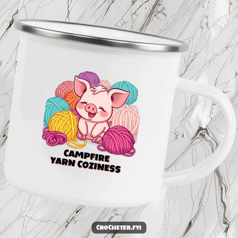 Funny giggling piglet with yarn on a camping mug, a humorous and durable choice for outdoor crafting enthusiasts.