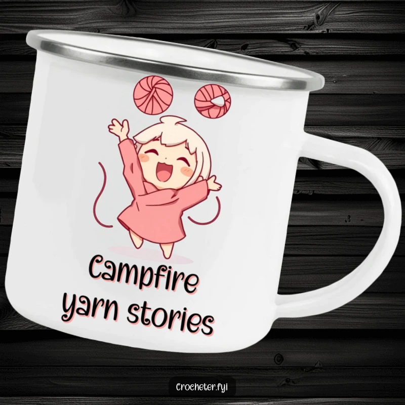 Funny Camping Mug showing a character gleefully throwing a ball of yarn, perfect for humorous outdoor drinks with spreadable joy.