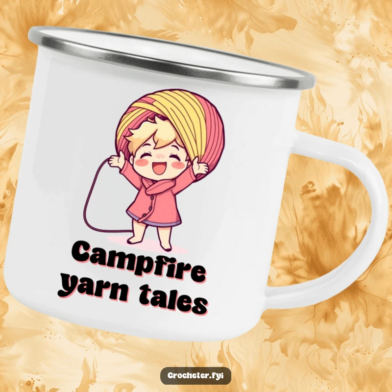 Funny character casting yarn, designed for a camping mug. A humorous and rugged accessory, perfect as a funny gift.