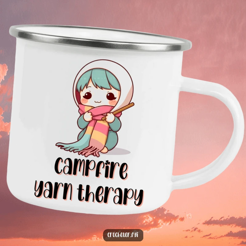 Funny camping mug featuring a cute character knitting a long, colorful scarf with big needles, designed for cozy outdoor crafting moments.