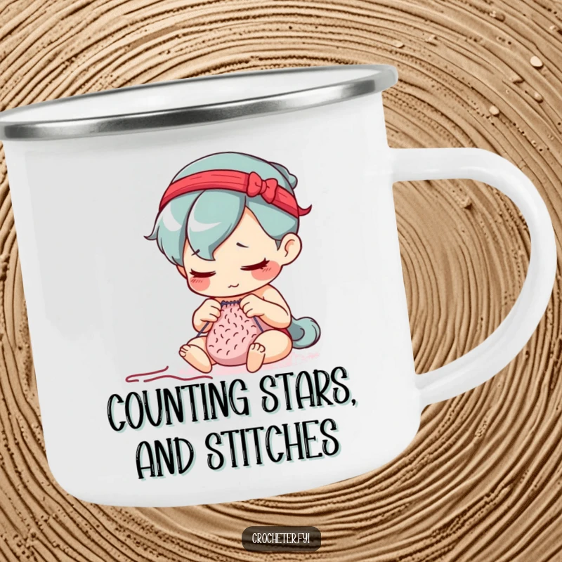 Funny camping mug featuring a determined character meticulously counting stitches with intense focus, designed for concentrated crafting.