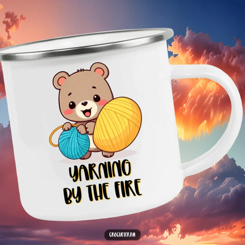 Funny camping mug with a bear winding a big ball of yarn, designed for crafters who enjoy the outdoors and humor.
