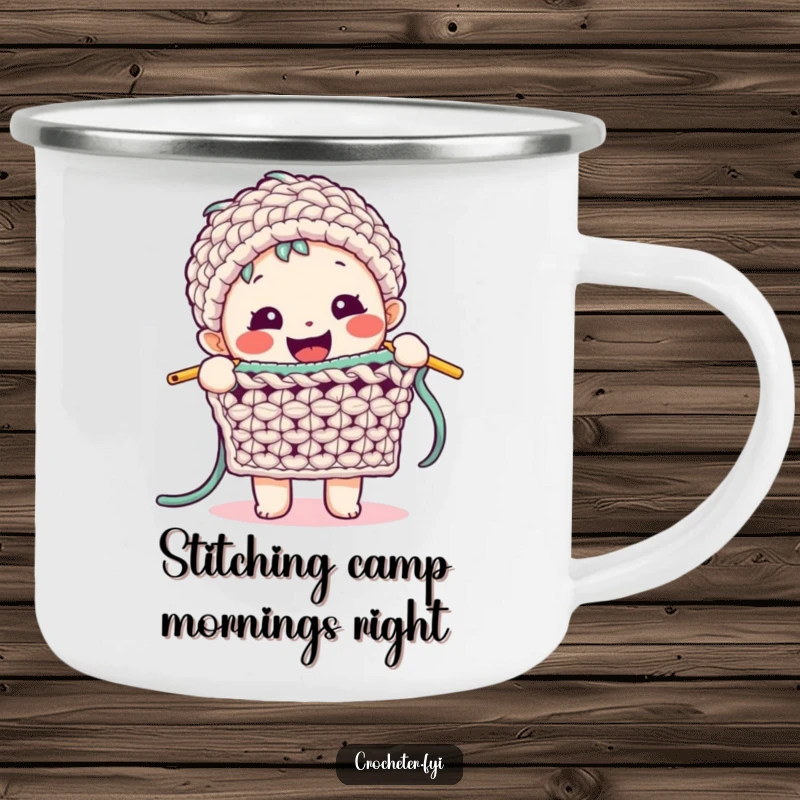 Funny Crochet Camping Mug: A happy character enthusiastically demonstrates a complex crochet stitch, perfect for enjoying beverages outdoors.