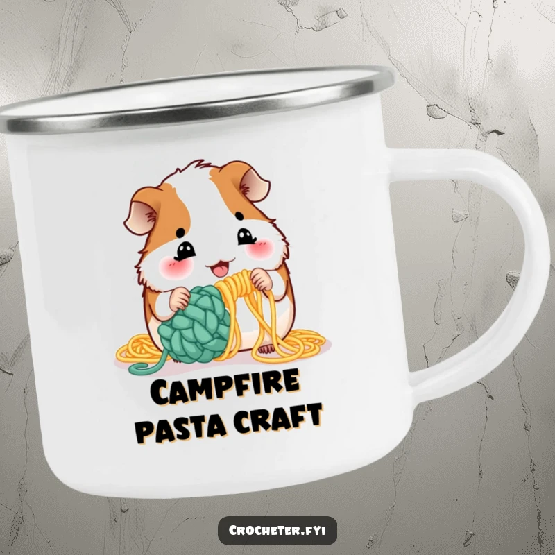 Funny guinea pig crochet camping mug showing a playful rodent using uncooked spaghetti for a crafting project outdoors.