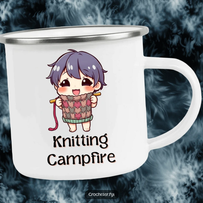 Funny camping mug showing a happy character proudly displaying a colorful, half-finished knitted item, ideal for outdoor crafting pride.