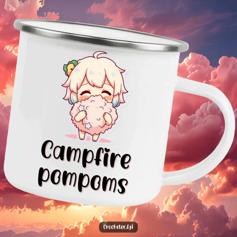 Funny Camping Mug featuring a cheerful character admiring a fluffy pompom, designed for outdoor crafting enjoyment and a touch of humor.