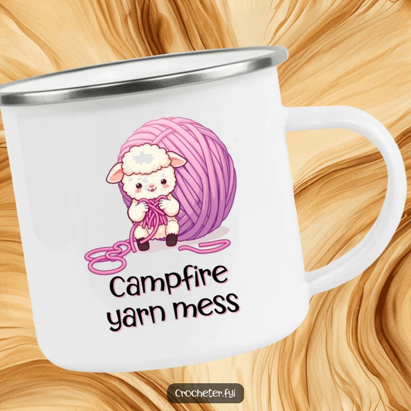 Funny Sheep Camping Mug featuring a small, fluffy sheep character hilariously battling a giant, tangled ball of yarn; durable and humorous.