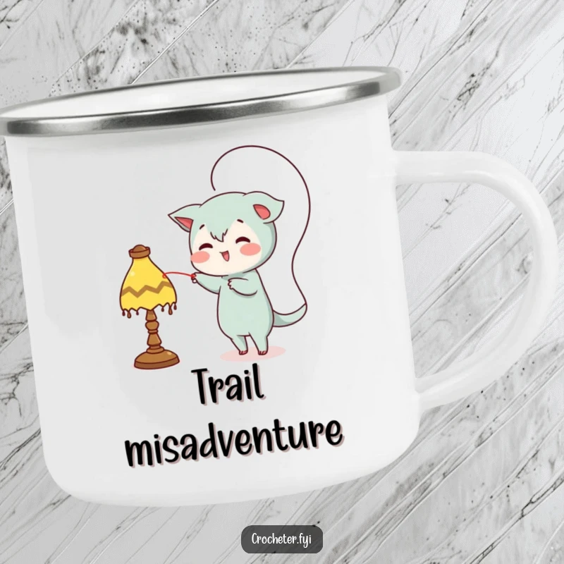 Funny camping mug, mischievous character looping thread around a lamp, durable and humorous outdoor gear.