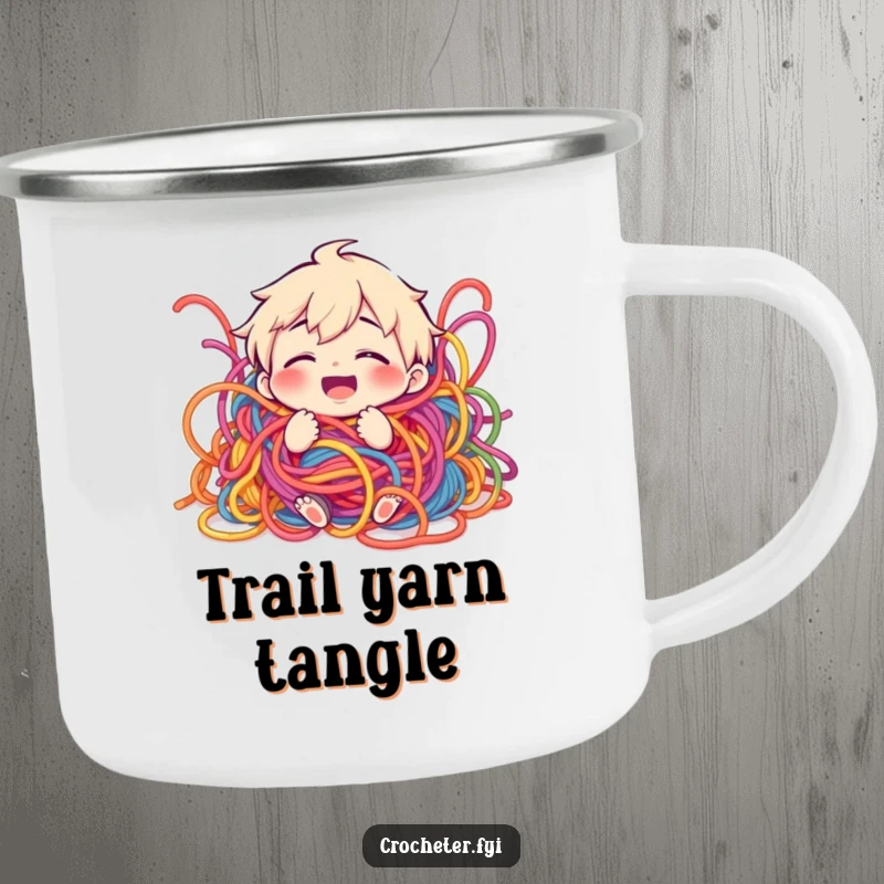 Funny camping mug showing a giggling character playfully ensnared by a large amount of colorful yarn.