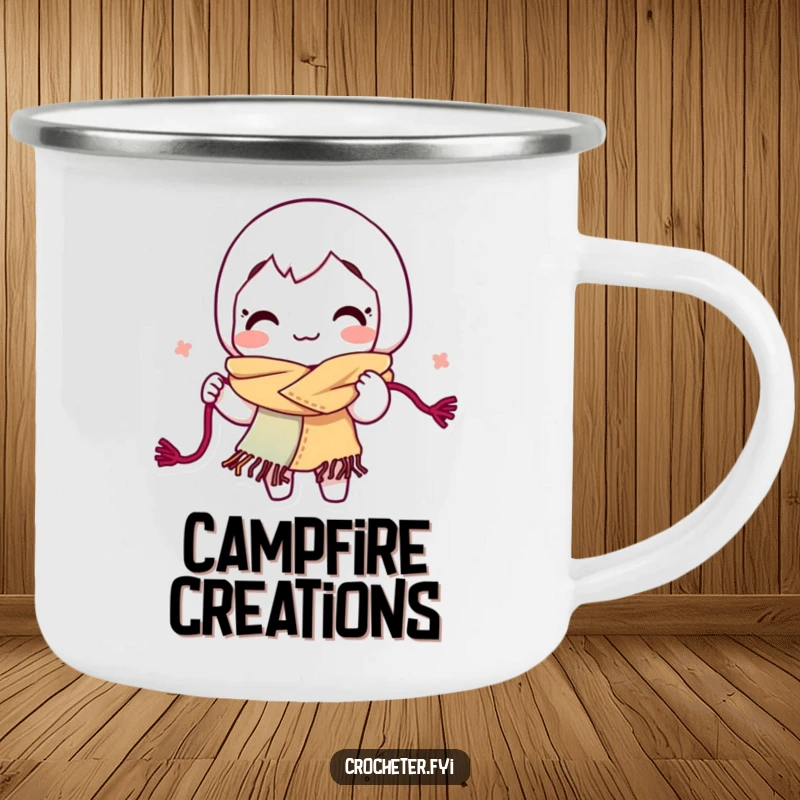 Funny yarn looping camping mug, showing a smiling character energetically crafting a scarf from yarn, for adventurers.