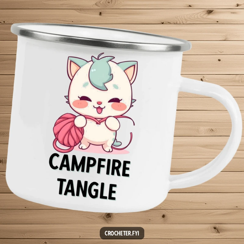 Funny camping mug showing a playful character with a mischievous grin tangling yarn into a knot, perfect for outdoor crafting inspiration.