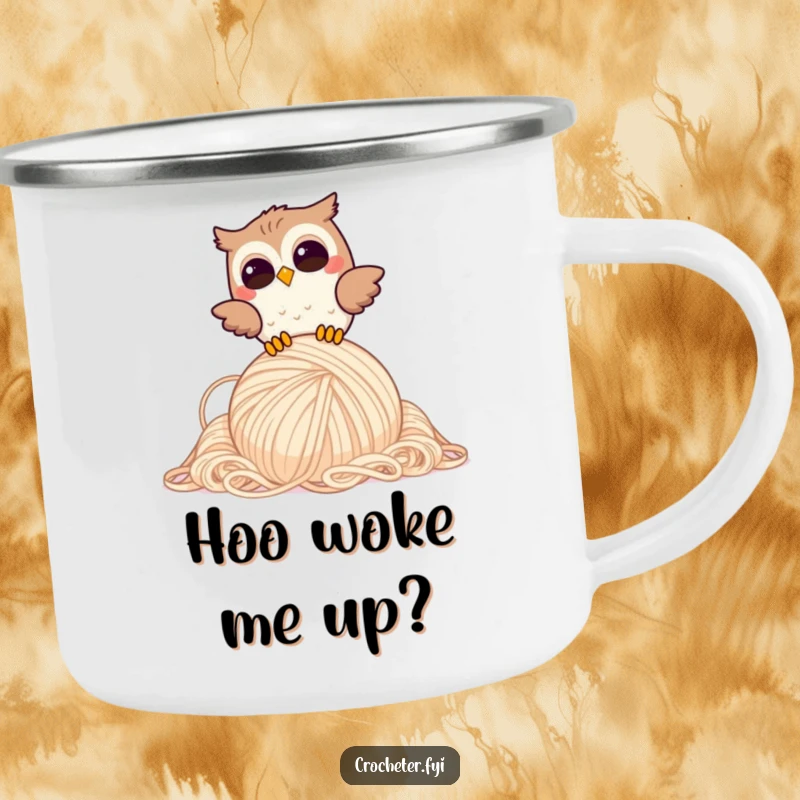 Funny Giggling Owl Camping Mug: Joyful owl humorously drops a large yarn ball, a funny outdoor gift.