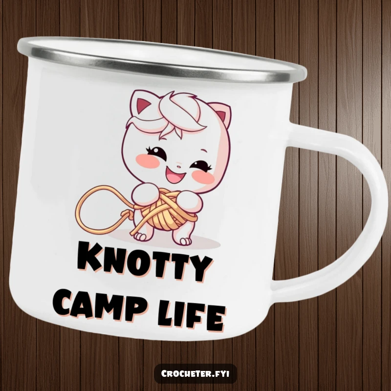 Funny camping mug featuring a mischievous character with a grin, hilariously tangled in a large, colorful knot of yarn.